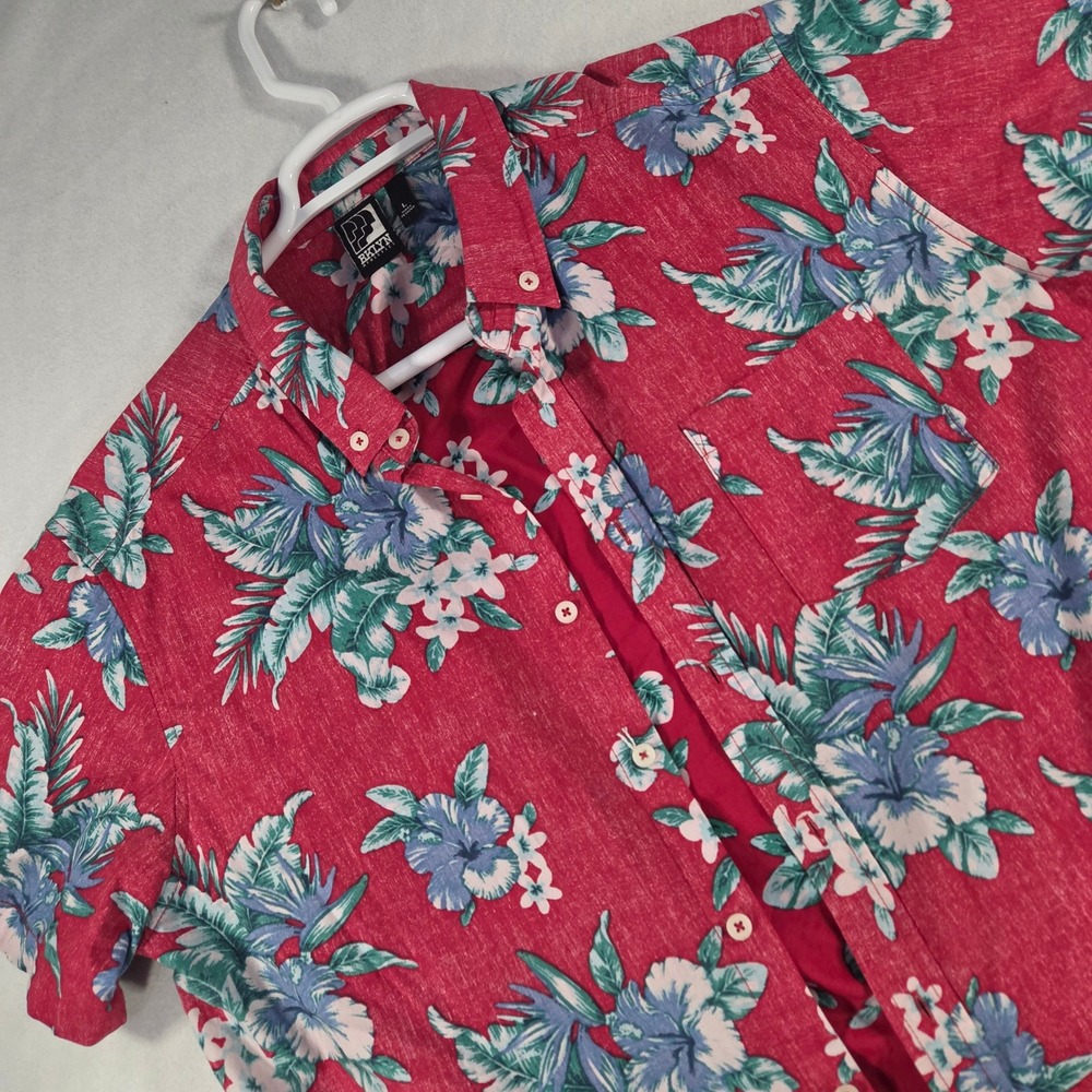 BKLYN Athletics Mens Floral Tropical Button Down Shirt Red Blue 100% Cotton L